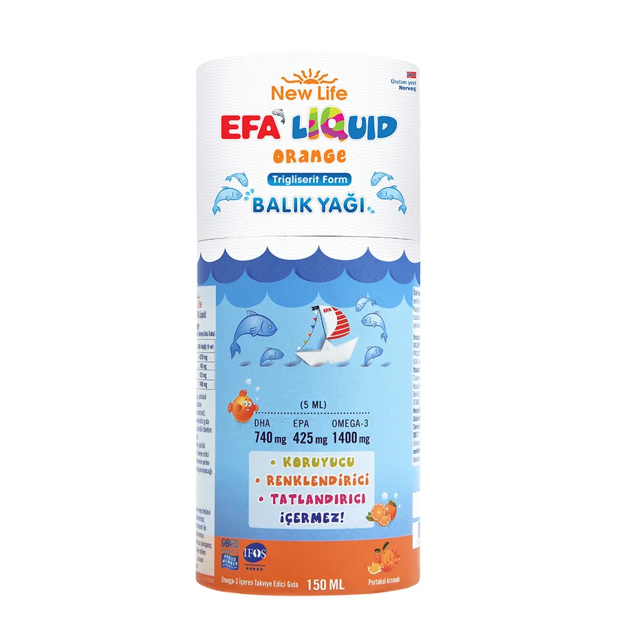 NEW LIFE - EFA LIQUID ORANGE BALIK YAĞI İÇEREN SIVI FORM TAKVİYE EDİCİ GIDA 150ml şişe