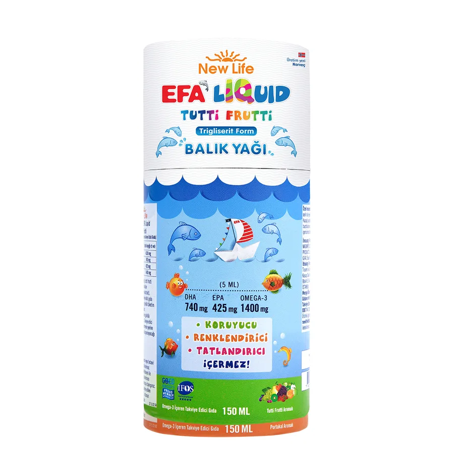 NEW LIFE - EFA LIQUID TUTTI FRUTTI BALIK YAĞI İÇEREN SIVI FORM TAKVİYE EDİCİ GIDA 150ml şişe