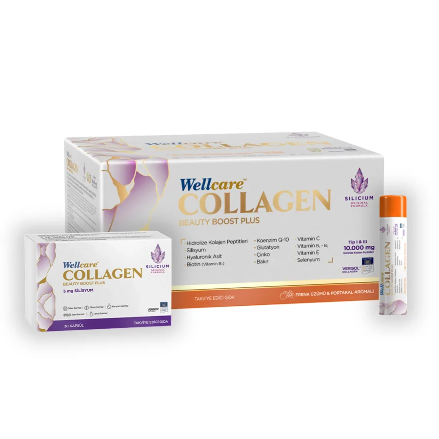 WELLCARE COLLAGEN BEAUTY BOOST PLUS KAPSÜL VE ORAL SIVI (FRENK ÜZÜMÜ-PORTAKAL) TEK İÇİMLİK FLAKON